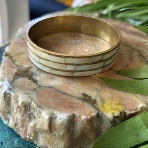 Vintage Brass and Mother of Pearl Inlay Bangle Bracelet